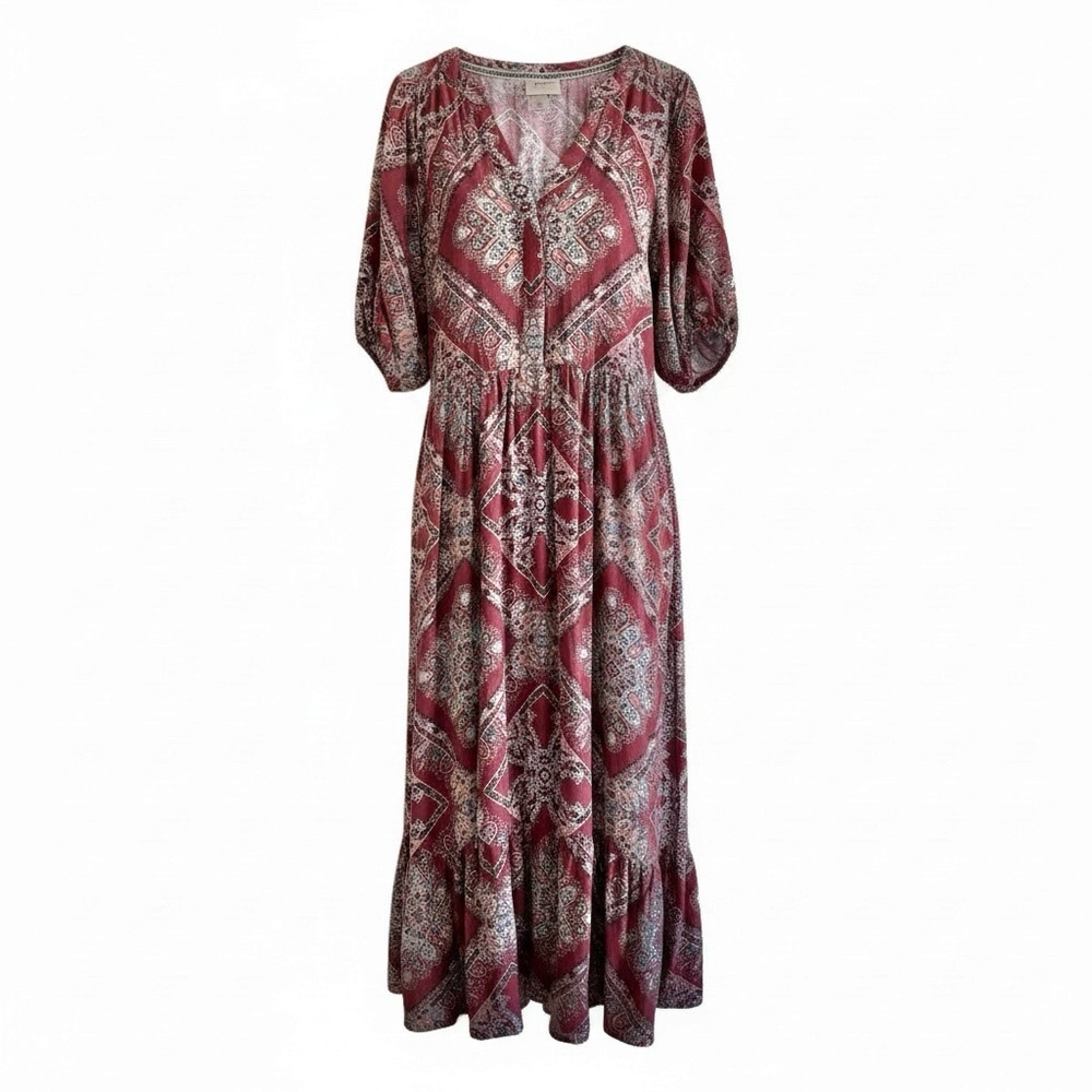 Knox Rose Burgundy Boho Patterned Maxi Dress